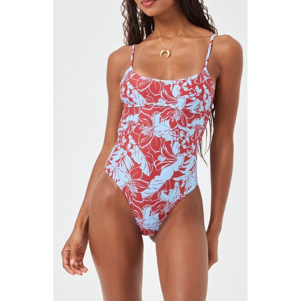 NWT Eco Chic Econyl L*Space Bree Cheeky One Piece Swimsuit Red&Blue Floral Sz M